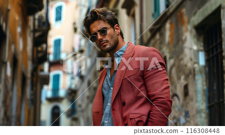 Striking male model dressed in chic, sophisticated attire, posing with confidence 116308448