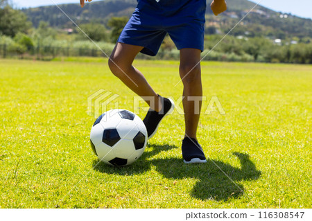 Biracial boy plays soccer on a sunny field, showcasing his skills with a black and white ball Biracial boy plays soccer on a sunny field, showcasing his skills with a black and white ball 116308547