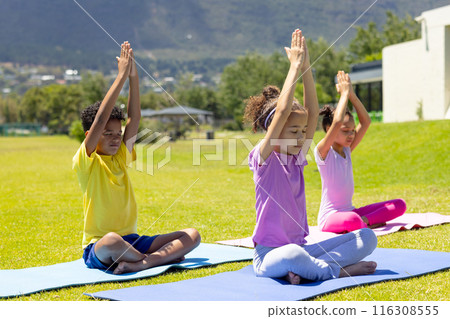 Biracial children practice yoga outdoors, sitting on colorful mats Biracial children practice yoga outdoors, sitting on colorful mats 116308555