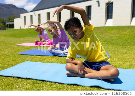 Biracial children practice yoga outdoors, with a boy in yellow leading the stretch Biracial children practice yoga outdoors, with a boy in yellow leading the stretch 116308565