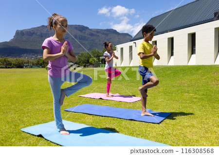 Biracial kids do yoga outside, sunny with mountain background 116308568