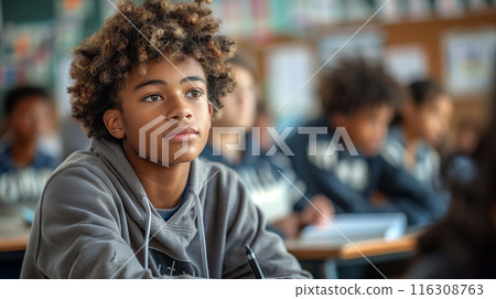 Boy's demeanor is one of steadfast commitment, ears attuned and his mind sharp 116308763