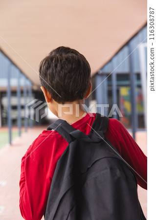 In school, young biracial male student wearing a backpack walking outdoors In school, young biracial male student wearing a backpack walking outdoors 116308787