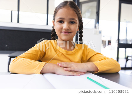 In school, biracial young girl sitting at a desk in a classroom, smiling at camera 116308921