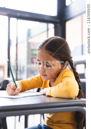 In school, young biracial girl focusing on writing in the classroom 116308930