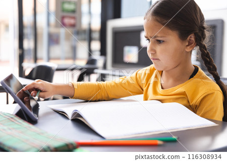 In school, in the classroom, a young biracial girl with a braid is using a tablet In school, in the classroom, a young biracial girl with a braid is using a tablet 116308934