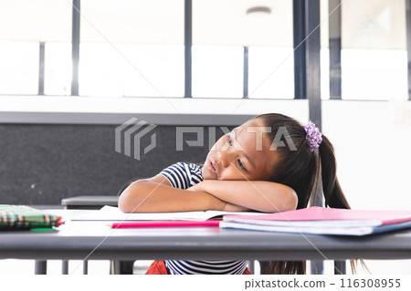 Biracial girl with long dark hair rests her head on her arms in a classroom, copy space 116308955
