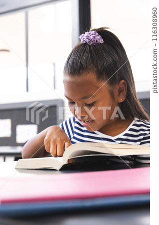 In school, young biracial girl focusing on reading a book in the classroom In school, young biracial girl focusing on reading a book in the classroom 116308960