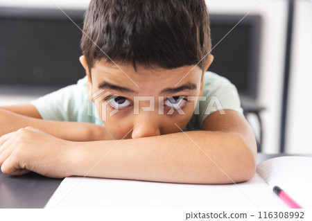 In school, young biracial boy leaning on desk in classroom, looking bored In school, young biracial boy leaning on desk in classroom, looking bored 116308992