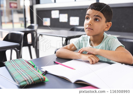 In school, young biracial boy sitting at a desk in a classroom, looking thoughtful In school, young biracial boy sitting at a desk in a classroom, looking thoughtful 116308993