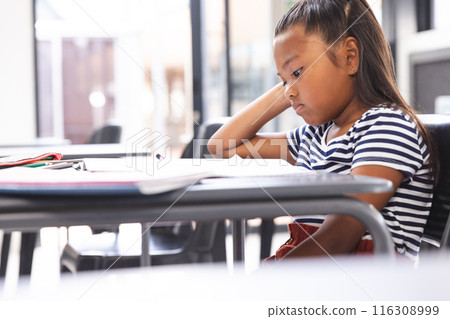 Biracial girl with long brown hair concentrates on schoolwork in class, copy space Biracial girl with long brown hair concentrates on schoolwork in class, copy space 116308999