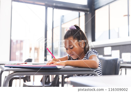 In school, young biracial girl focusing on writing in her notebook with copy space in the classroom In school, young biracial girl focusing on writing in her notebook with copy space in the classroom 116309002