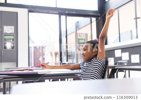In school, young biracial girl with dark hair raising hand in the classroom, with copy space In school, young biracial girl with dark hair raising hand in the classroom, with copy space 116309013