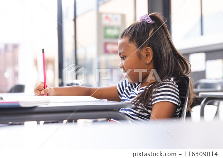 In school, young biracial girl with light brown skin is writing in the classroom 116309014