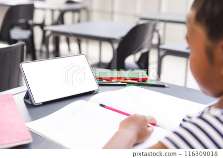 In school, a young biracial girl is writing in a notebook in the classroom, with copy space 116309018