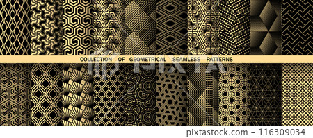 Geometric set of seamless black and golden patterns. Simple vector graphics Geometric set of seamless black and golden patterns. Simple vector graphics 116309034