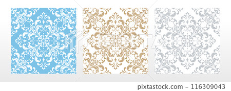 Wallpapers in the style of Baroque. Seamless vector backgrounds. Set of colored floral ornaments. Graphic patterns for fabric, wallpaper, packaging. Ornate Damask flower ornaments Wallpapers in the style of Baroque. Seamless vector backgrounds. Set of colored floral ornaments. Graphic patterns for fabric, wallpaper, packaging. Ornate Damask flower ornaments 116309043