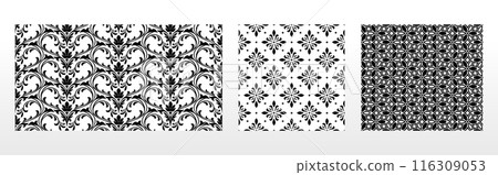 Geometric floral set of seamless patterns. White and black vector backgrounds. Damask graphic ornaments. Geometric floral set of seamless patterns. White and black vector backgrounds. Damask graphic ornaments. 116309053