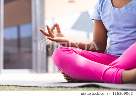 Biracial girl practices yoga at home, with copy space Biracial girl practices yoga at home, with copy space 116309068