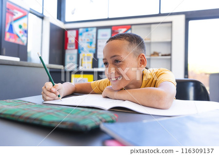 Biracial boy studying in a classroom at school 116309137