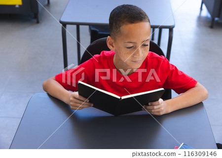 Biracial boy reads a book at school 116309146