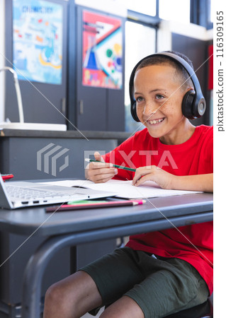 Biracial boy studies at school using a laptop, with copy space 116309165