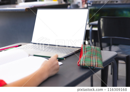 Laptop with blank screen on a school classroom desk, with copy space Laptop with blank screen on a school classroom desk, with copy space 116309168