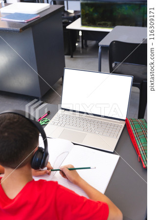 Biracial boy studies in a school classroom using a laptop, with copy space Biracial boy studies in a school classroom using a laptop, with copy space 116309171