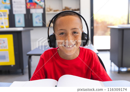 Biracial boy studies in a classroom at school on a video call 116309174