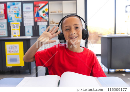 Biracial boy enjoys a learning session at school on a video call 116309177