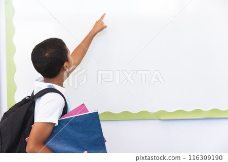 Biracial boy points at a blank board in a classroom at school, with copy space 116309190