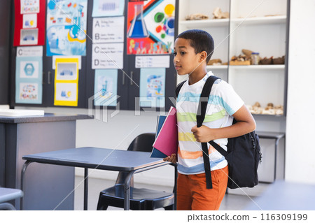Biracial boy in a classroom at school, with copy space 116309199