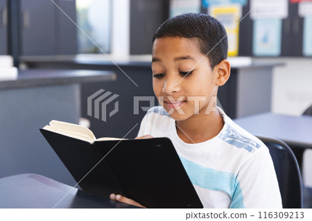 In school, in the classroom, a young biracial student is engrossed in reading a book 116309213