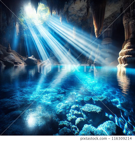 Mysterious blue cave with light streaming in 116309214