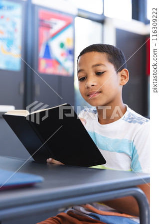 Biracial boy reads a book in the classroom at school Biracial boy reads a book in the classroom at school 116309222