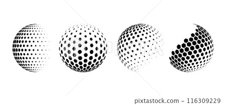 Fading halftone pattern sphere set. Hexagon wireframe 3d circle collection. Black grid globe element bundle. Round vanishing shape pack for tech poster, banner, cover, emblem. Vector spinning objects Fading halftone pattern sphere set. Hexagon wireframe 3d circle collection. Black grid globe element bundle. Round vanishing shape pack for tech poster, banner, cover, emblem. Vector spinning objects 116309229