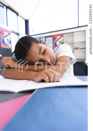 In a school setting, a young biracial student rests his head on his arms with copy space In a school setting, a young biracial student rests his head on his arms with copy space 116309242