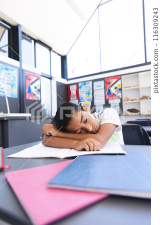 Biracial boy asleep in the classroom at school Biracial boy asleep in the classroom at school 116309243