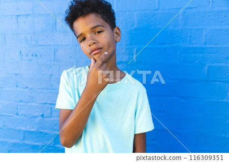 In a school setting, a young African American student poses thoughtfully In a school setting, a young African American student poses thoughtfully 116309351