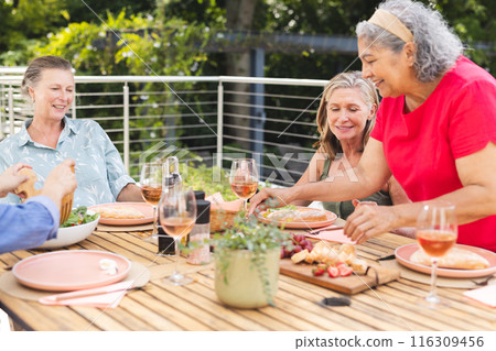 Diverse senior female friends sharing meal outdoors Diverse senior female friends sharing meal outdoors 116309456