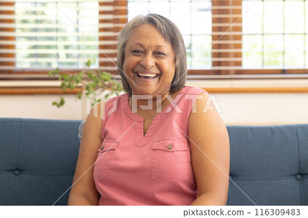 At home, biracial senior woman smiling warmly during video call on blue couch 116309483