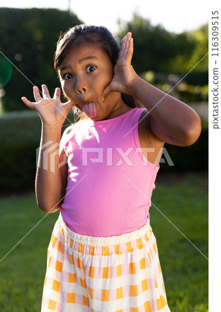 Outdoors, young biracial girl making funny face with hands on cheeks 116309515