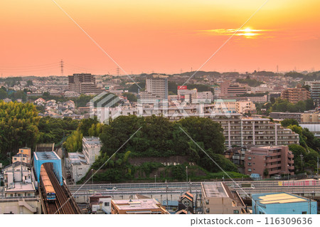 Yokohama cityscape in Japan: View of Azamino Station, the city subway, and the sunset (Rooms Taishodo Azamino store) 116309636