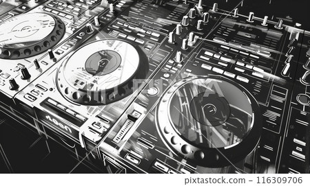 DJ works on the music panel. Music Pult in nightclub. Pencil drawing DJ works on the music panel. Music Pult in nightclub. Pencil drawing 116309706