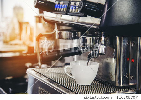 Black cup fresh coffee machine espresso barista beverage appliance froth bar cappuccino professional automatic equipment. Coffee aromatic drinking appliance freshness coffee machine home kitchen 116309707