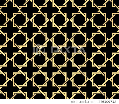 Abstract geometry pattern in Arabian style. Seamless vector background. Golden and black graphic ornament. Simple lattice graphic design Abstract geometry pattern in Arabian style. Seamless vector background. Golden and black graphic ornament. Simple lattice graphic design 116309738