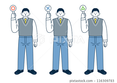 Illustration set of a male student holding a circle, cross and triangle answer card 116309783