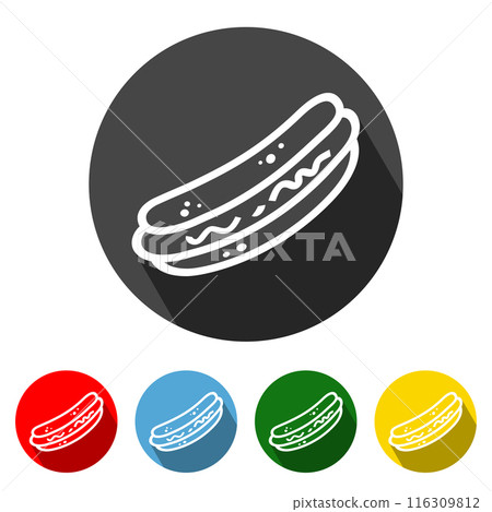 Hot Dog Flat Icon Long Shadow. Hot Dog icon vector illustration design element with four color variations. Hot Dog Icon with Long Shadow. Hot Dog Icon flat design. Vector illustration. All in a single Hot Dog Flat Icon Long Shadow. Hot Dog icon vector illustration design element with four color variations. Hot Dog Icon with Long Shadow. Hot Dog Icon flat design. Vector illustration. All in a single 116309812