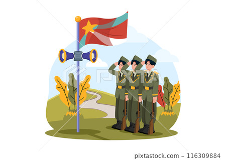 Members of the armed forces participate in flag-raising ceremonies. 116309884