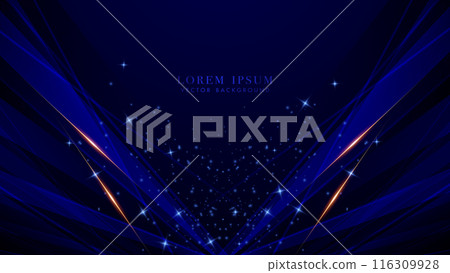 Abstract geometric blue shape slanted with golden lines and sparkle glowing dots effect decoration on dark blue background. Luxury style vector design Abstract geometric blue shape slanted with golden lines and sparkle glowing dots effect decoration on dark blue background. Luxury style vector design 116309928